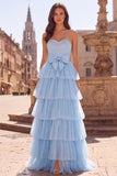 Strapless Tiered A Line Light Blue Long Prom Dress with Bow