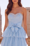 Strapless Tiered A Line Light Blue Long Prom Dress with Bow
