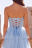 Strapless Tiered A Line Light Blue Long Prom Dress with Bow