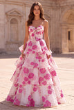 Tiered A-Line Strapless Floral Fuchsia Long Prom Dress with Bow