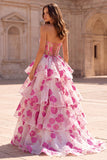 Tiered A-Line Strapless Floral Fuchsia Long Prom Dress with Bow