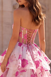 Tiered A-Line Strapless Floral Fuchsia Long Prom Dress with Bow