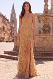 Off The Shoulder Corset Sequins Gold Mermaid Long Prom Dress with Slit