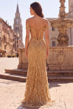 Off The Shoulder Corset Sequins Gold Mermaid Long Prom Dress with Slit