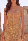 Off The Shoulder Corset Sequins Gold Mermaid Long Prom Dress with Slit