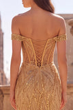 Off The Shoulder Corset Sequins Gold Mermaid Long Prom Dress with Slit