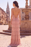 Halter Fringed Sequins Sheath Pink Long Prom Dress with Slit