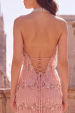 Halter Fringed Sequins Sheath Pink Long Prom Dress with Slit