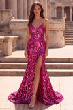 Sparkly Mermaid Fuchsia Spaghetti Straps Long Prom Dress with Slit