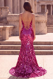 Sparkly Mermaid Fuchsia Spaghetti Straps Long Prom Dress with Slit