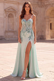 Corset Mint Strapless Mermaid Spaghetti Straps Long Prom Dress with Side Cape