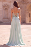 Corset Mint Strapless Mermaid Spaghetti Straps Long Prom Dress with Side Cape