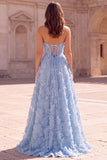 Strapless Appliqued Light Blue A-Line Long Prom Dress with Pearls