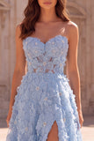 Strapless Appliqued Light Blue A-Line Long Prom Dress with Pearls