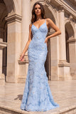 Mermaid Light Blue Beaded Floral Spaghetti Straps Long Prom Dress