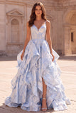 A Line Light Blue Floral Tiered Ruffled Spaghetti Straps Maxi Prom Dress