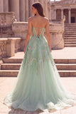Strapless Corset A Line Sparkly Green Maxi Prom Dress