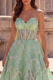 Strapless Corset A Line Sparkly Green Maxi Prom Dress