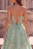 Strapless Corset A Line Sparkly Green Maxi Prom Dress