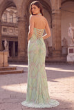 Halter Mermaid Sparkly Green Maxi Prom Dress With Slit