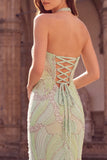 Halter Mermaid Sparkly Green Maxi Prom Dress With Slit
