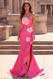 Strapless Fuchsia Mermaid Ruffled Maxi Prom Dress With 3D Flowers
