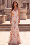 Pink Floral Mermaid Sequins V-Neck Maxi Prom Dress