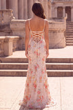 Pink Floral Mermaid Sequins V-Neck Maxi Prom Dress