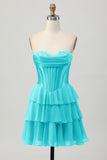 Blue Corset Strapless Tiered A Line Homecoming Dress