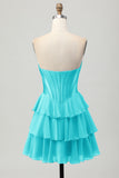 Blue Corset Strapless Tiered A Line Homecoming Dress