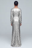Gold Sheath Long Sleeve Maxi Evening Dress With Sequins