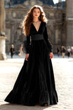 Velvet A-Line Brown V-Neck Maxi Formal Dress With Slit