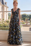 Green Cap Sleeve A Line Floral V Neck Mother of the Bride Dress