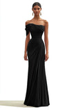 Dark Green One Shoulder Sheath Pleated Long Formal Dress