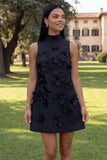 Floral Blue High Neck A-Line Homecoming Dress
