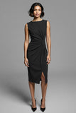 Grey Ruched Midi Dress with Slit