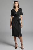 Ruched Navy Short Sleeve V-Neck Midi Dress