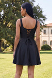 Square Neck Black Floral A Line Homecoming Dress