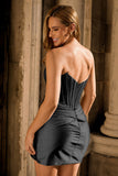 Grey Silver Strapless Beaded Satin Corset Mini Dress