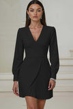 Ivory V-Neck Long Sleeve Pleated A-Line Work Dress