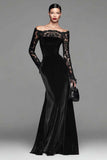 Burgundy Velvet Off The Shoulder Mermaid Formal Dress with Long Sleeves