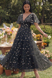 Floral Champagne Short Sleeve A Line Wedding Guest Dress