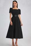 A Line Sky Blue Square Neck Midi Work Dress with Belt