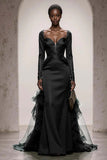 Dark Green Satin Mermaid Evening Dress With Long Sleeves