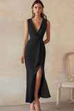 Blue Sheath V-Neck Formal Dress with Slit
