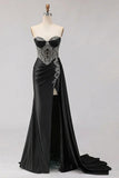 Sweetheart Mermaid Mint Green Beaded Satin Prom Dress With Slit
