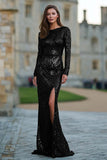 Dark Green Sequin Mermaid Long Sleeve Formal Dress With Slit