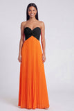 Strapless Pink and Orange ColorBlock Pleated A Line Formal Dress
