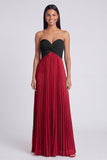Strapless Pink and Orange ColorBlock Pleated A Line Formal Dress