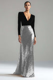 Sparkly Gold and Black Velvet Long Sleeve V-Neck Formal Dress